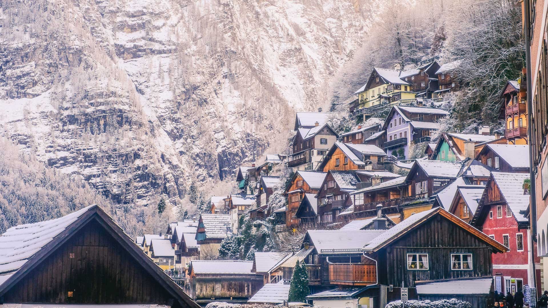 Hallstatt Rooftops with Snow The Rooftops of the Wooden Houses in Hallstatt in Winter