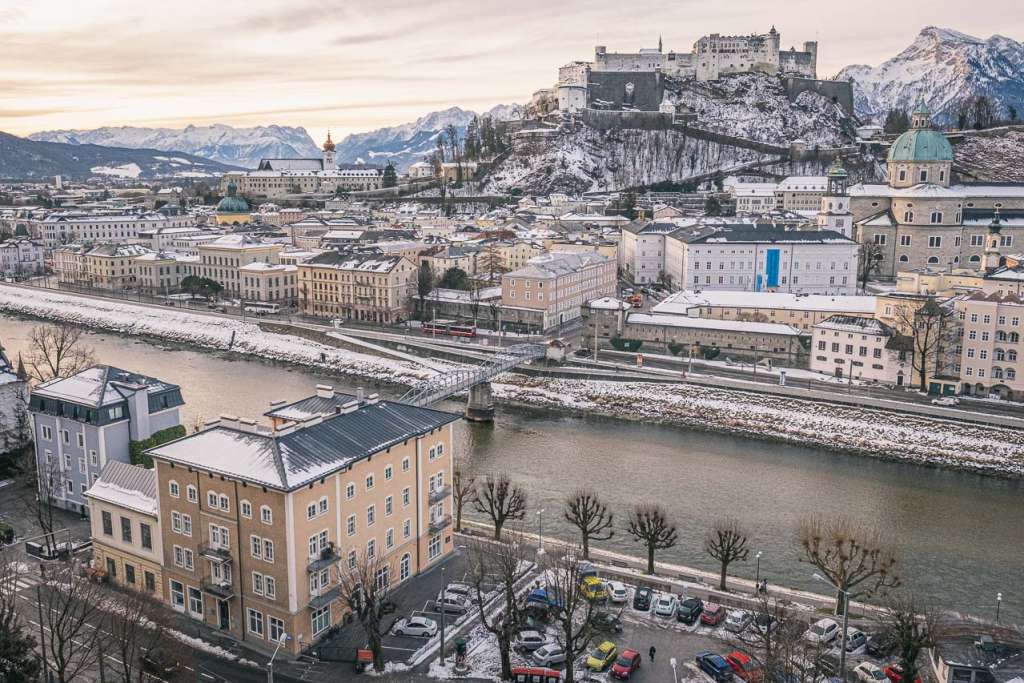 Salzburg old town view from Kapuzinerberg in winter