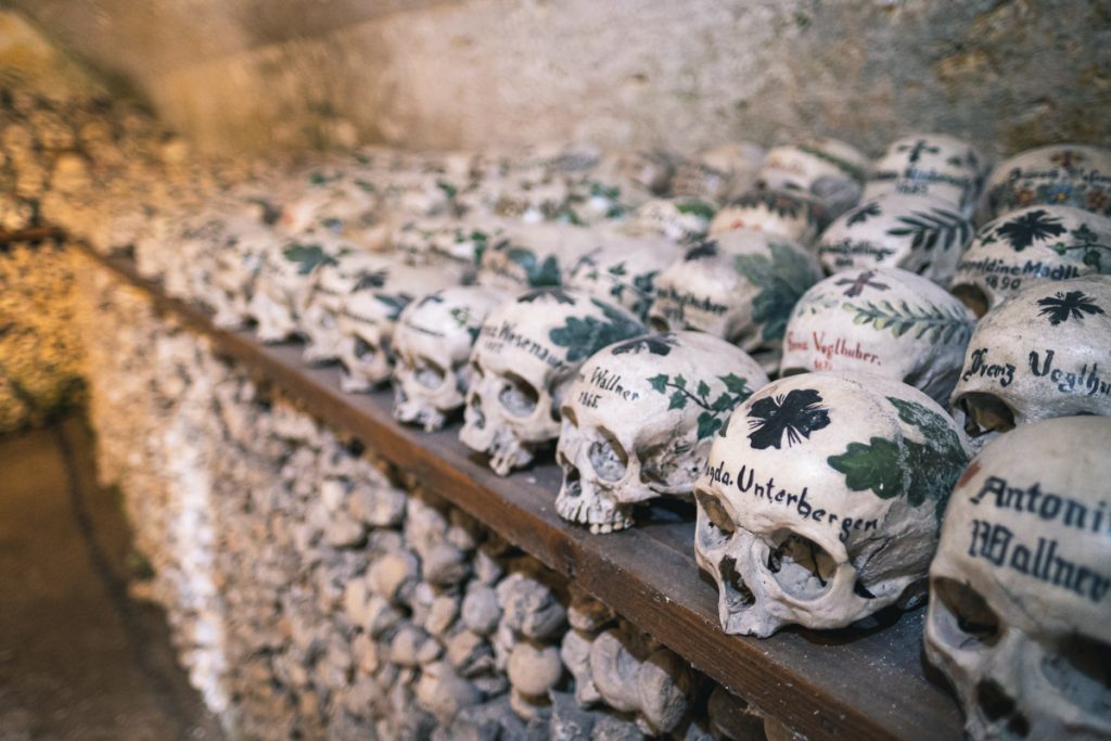 Skulls at the Bone House in Hallstatt in the Salzkammergut